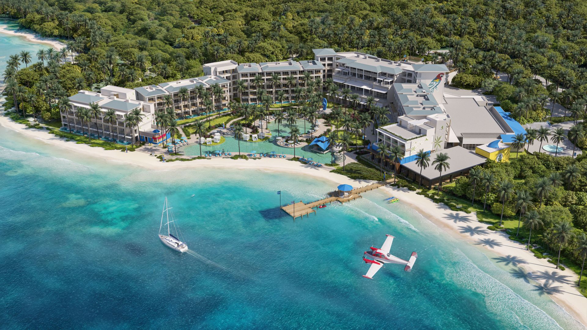 Architectural rendering of the beachfront Margaritaville Roatán resort, tropical gardens and turquoise Caribbean water