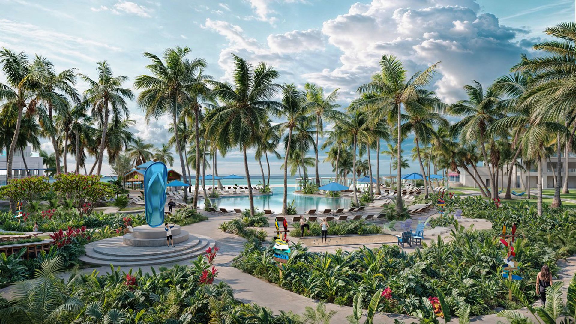 Rendering of a sunny resort pool, lounge chairs, tropical palm trees and a giant flip-flop sculpture