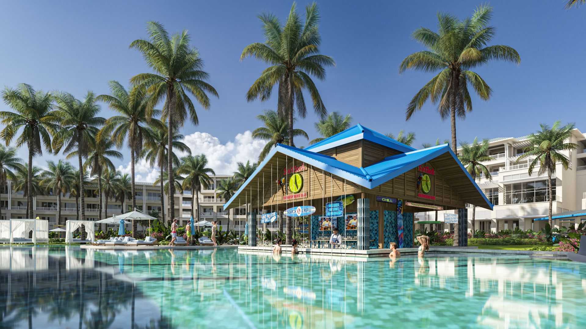 Rendering of the tropical resort pool with palms and hotel balconies